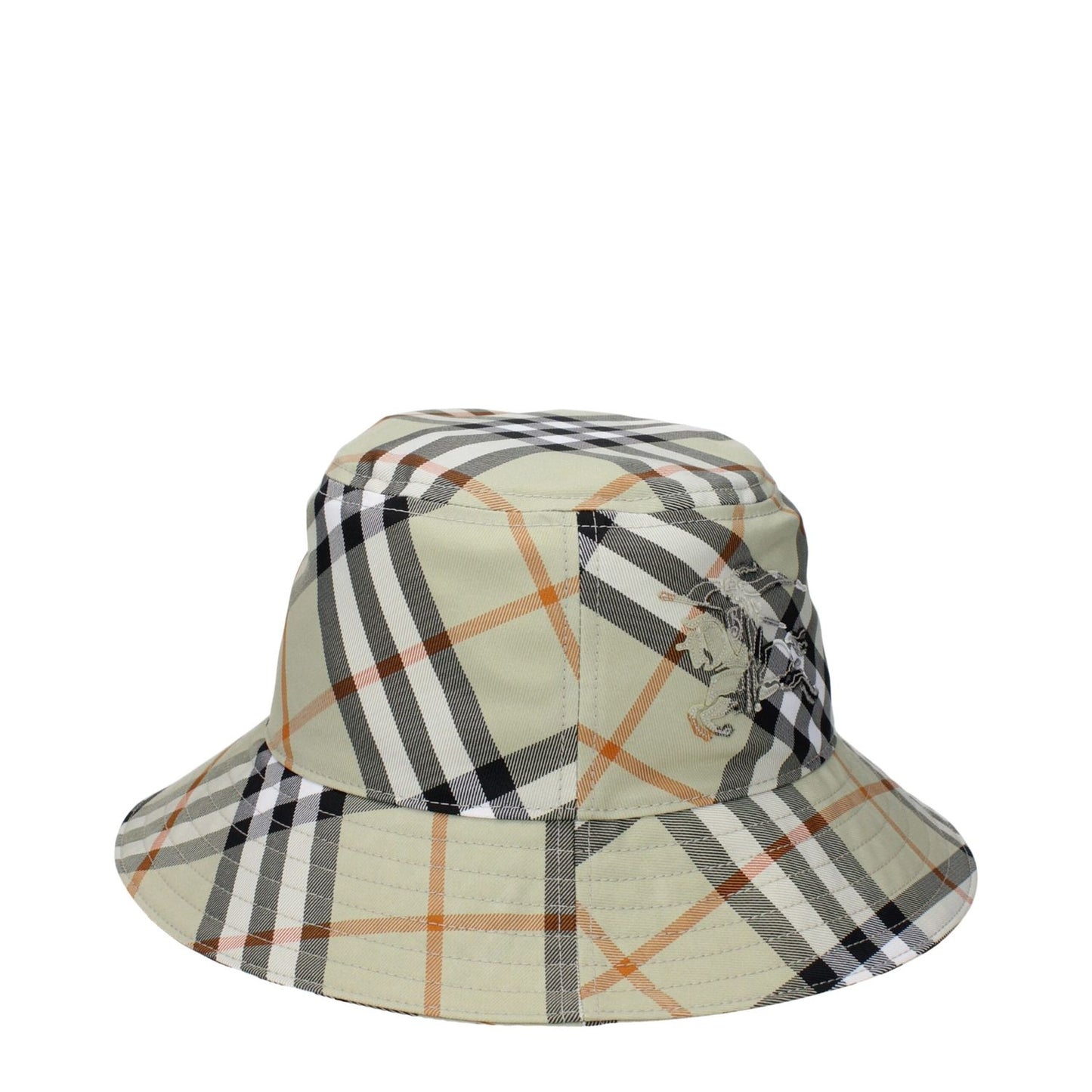 Stylish Burberry Green Fabric Bucket Hat with back logo, featuring check print design, made of 100% polyester in sage and green colors.