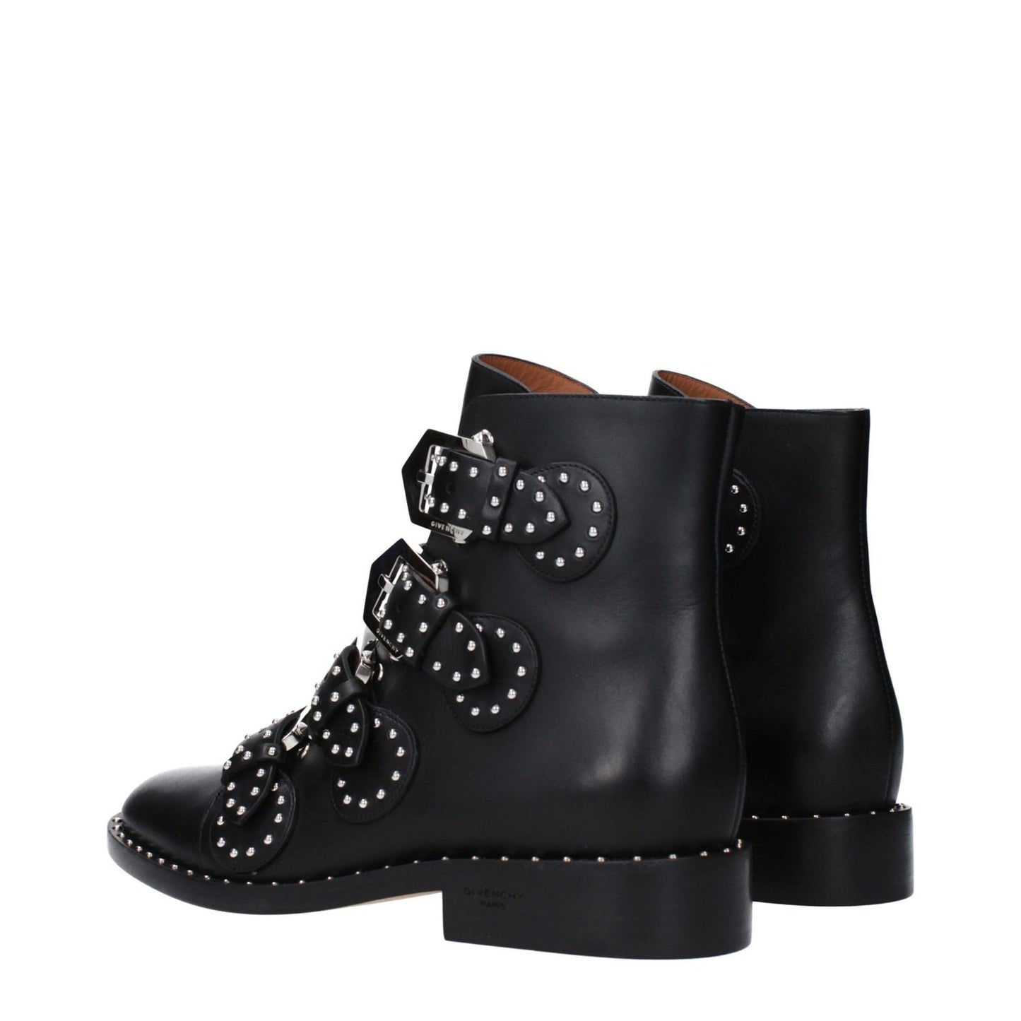Givenchy Black Leather Ankle Boots with studs, buckle closure, round toe, and low flat heel design.