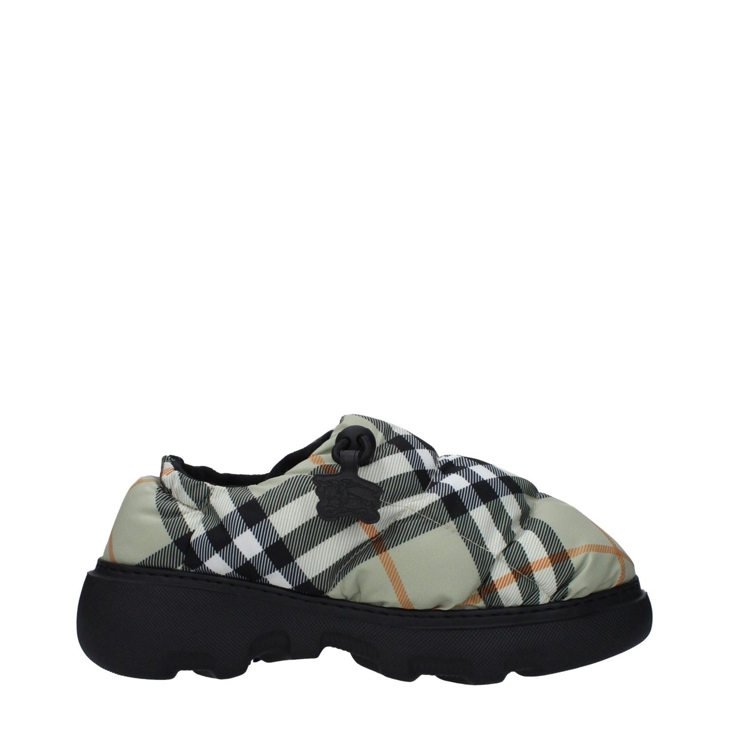 Burberry Green Fabric Slip-On Loafers with check print, mid heels, rubber sole, and round toe design.