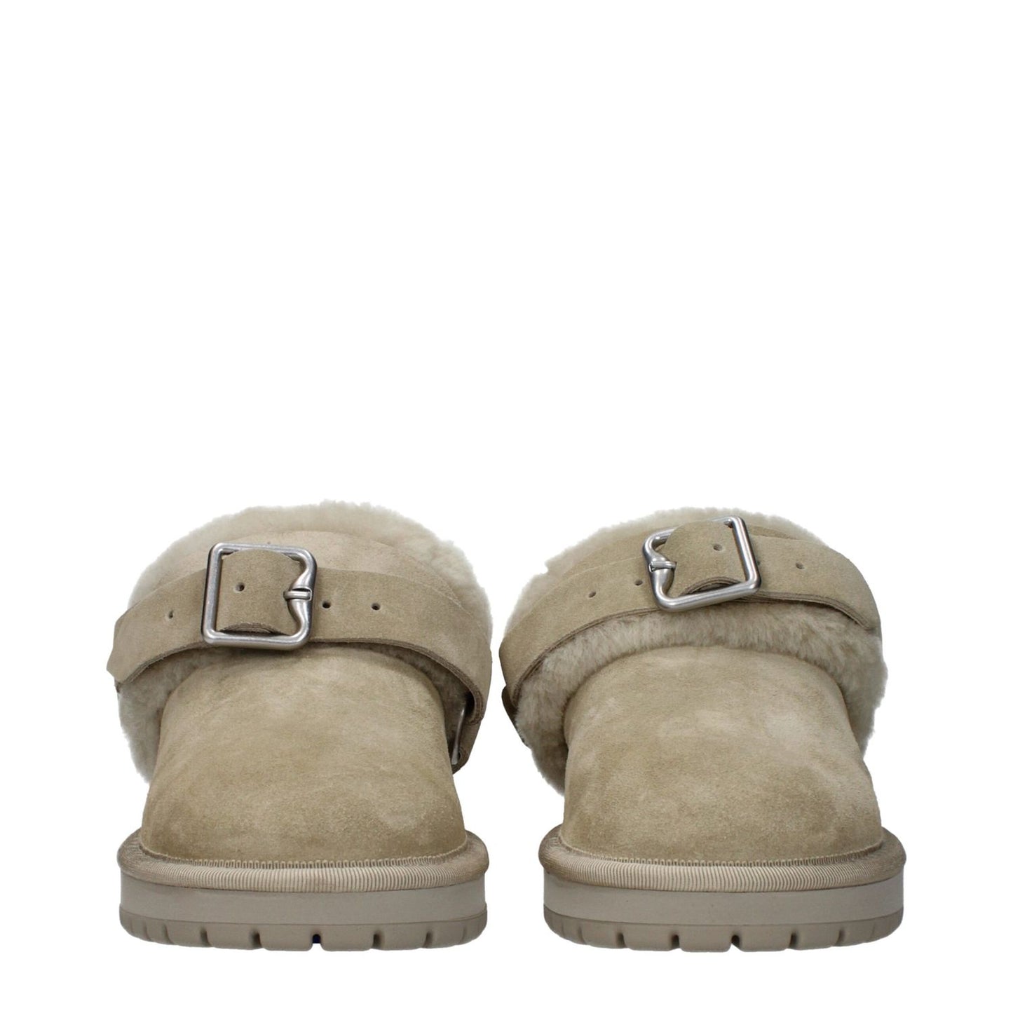 Burberry Green Leather Slippers with buckle and fur detail, low flat heel, round toe, rubber sole, casual style, MPN 8095351.