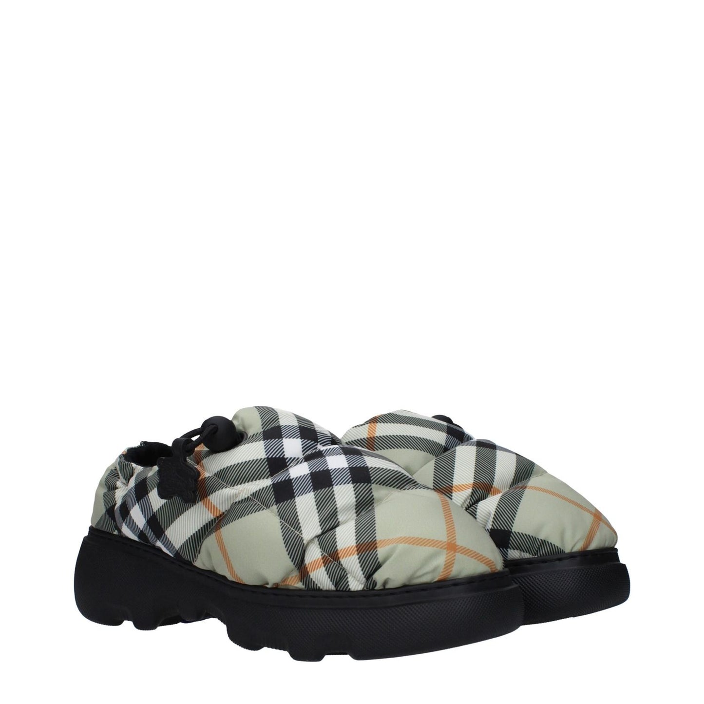Burberry Green Fabric Slip-On Loafers with check print, rubber sole, mid heels, and drawstring closure, casual style for everyday wear.