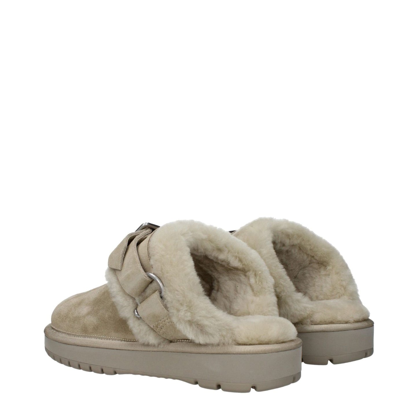 Burberry Green Leather Slippers with fur detail, buckle closure, and round toe design, featuring a rubber sole, style 8095351.