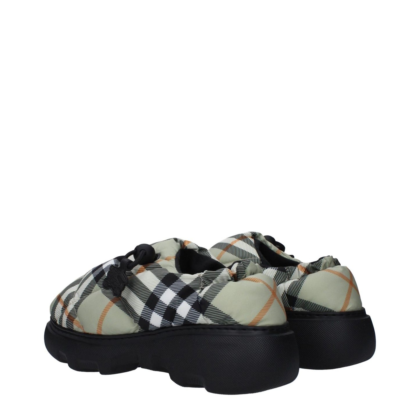 Burberry Green Fabric Slip-On Loafers with rubber sole and check print, featuring drawstring closure and mid heels, style for casual wear.