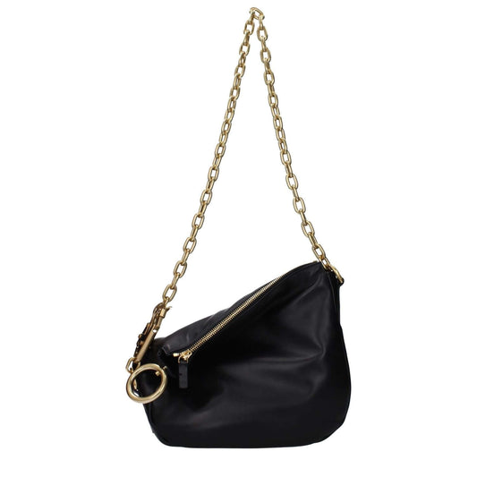 Burberry Black Leather Shoulder Bag with adjustable and removable handle, featuring gold chain strap and zip closure.