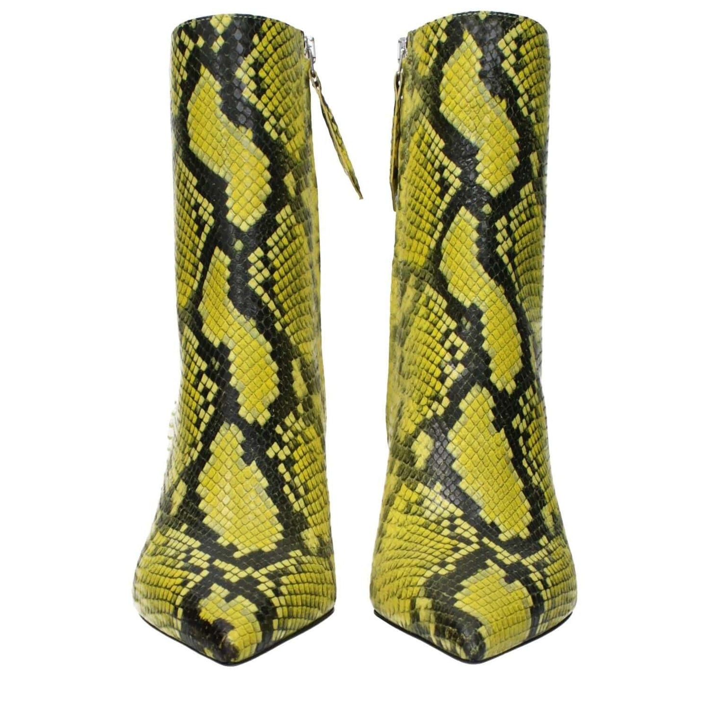 The Attico Yellow Leather Ankle Boots with snake print and mid heels, featuring a pointy toe and zip closure in leather.