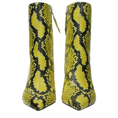 The Attico Yellow Leather Ankle Boots with snake print and mid heels, featuring a pointy toe and zip closure in leather.
