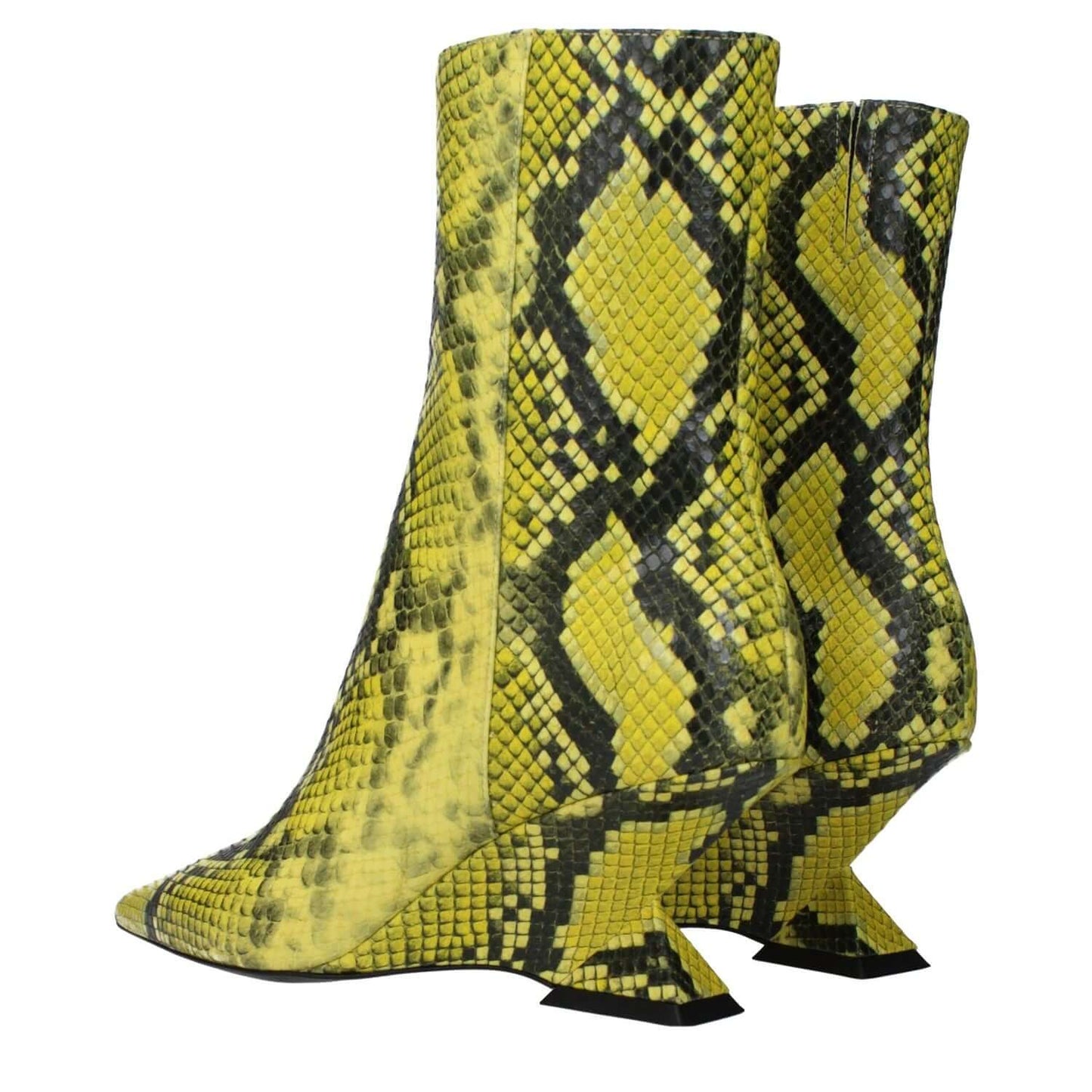 The Attico Yellow Leather Ankle Boots featuring snake print and pointy toe with mid heels.