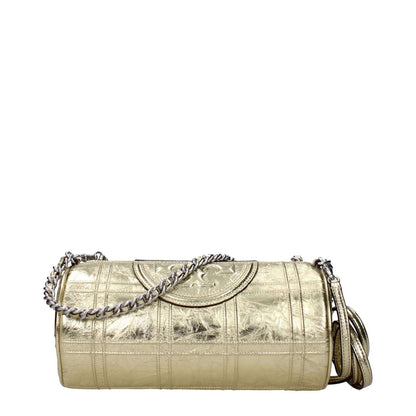 Tory Burch Gold Leather Shoulder Bag with front logo, metallic effect, and adjustable, removable shoulder strap.