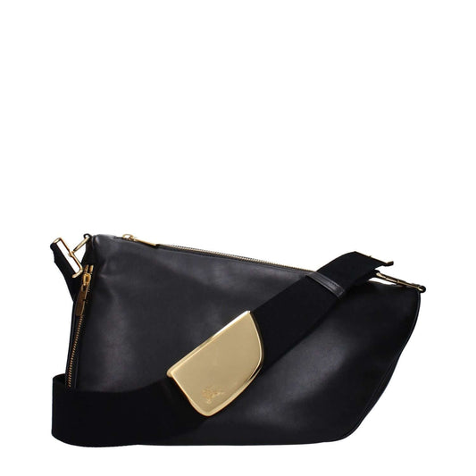 Burberry Black Leather Crossbody Bag with gold buckle, zip closure, adjustable strap, and dual external pockets.