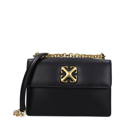 Off-White Black Leather Crossbody Bag with gold chain and logo, featuring turn lock closure, small size, vintage effect, and external pocket.