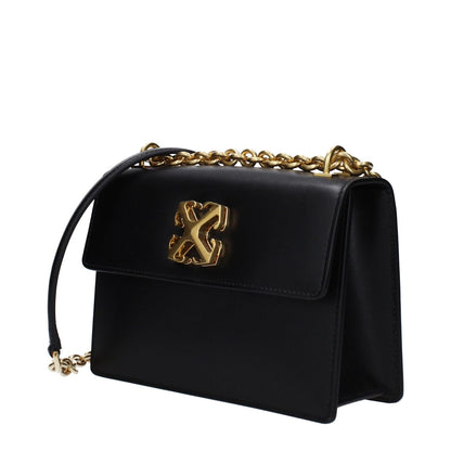 Off-White Black Leather Crossbody Bag with gold chain and logo, vintage effect, small casual style with turn lock closure and pockets.