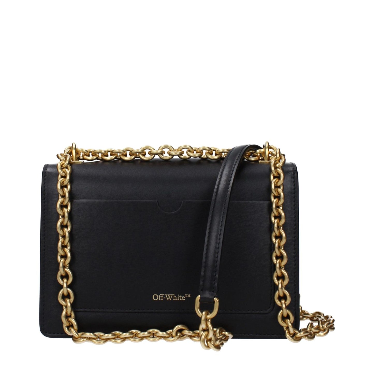 Off-White Black Leather Crossbody Bag with gold chain and logo, small size, vintage effect, suitable for casual style.