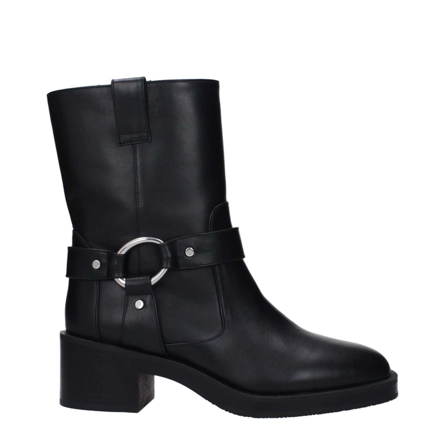 Stuart Weitzman Black Leather Ankle Boots with silver details, mid heels, and rubber soles; style: casual, round toe, 5.5 cm heel height.