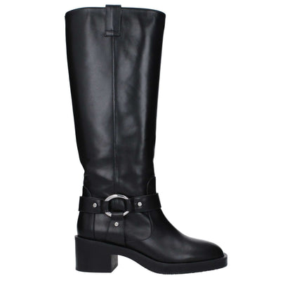 Stuart Weitzman Black Leather High Heel Boots with round toe, rubber sole, and mid heel, MPN JAXKNEESMOSJ176BLACK