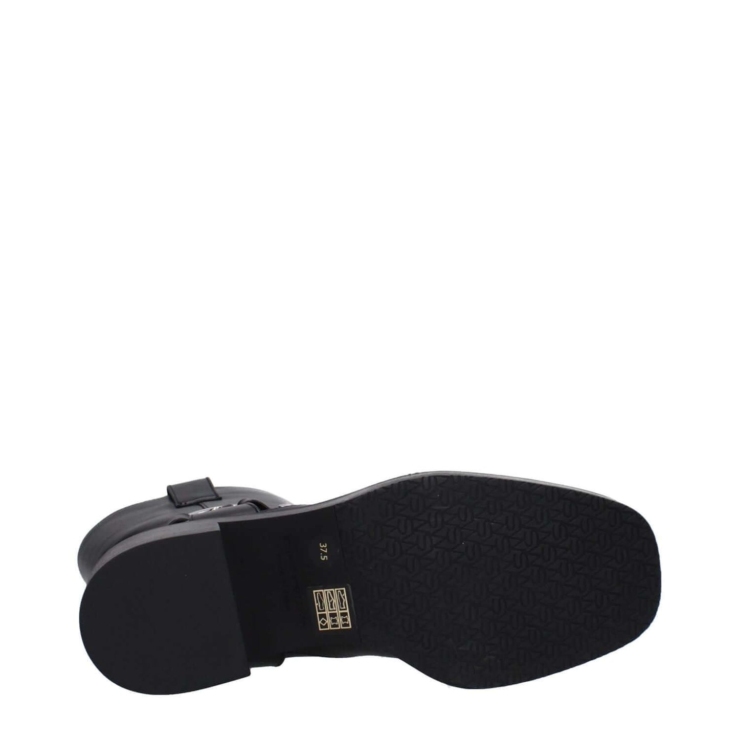 Sole view of Stuart Weitzman Black Leather Ankle Boots showing rubber sole and mid heel.