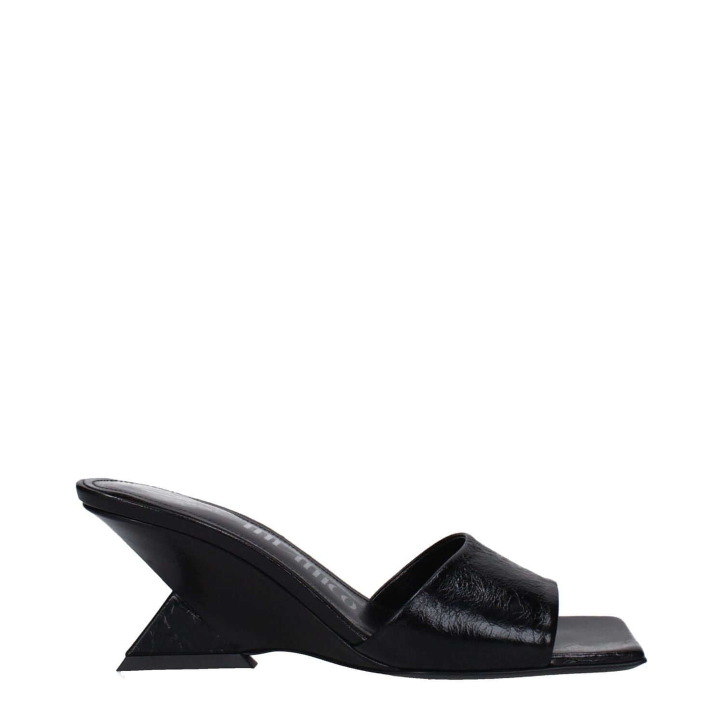 The Attico Black Leather Flat Sandals with vintage and aged effect, side view. MPN S605L070100, code F83208.