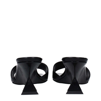 The Attico Black Leather Flat Sandals with vintage and aged effect featuring geometric heel design, back view.