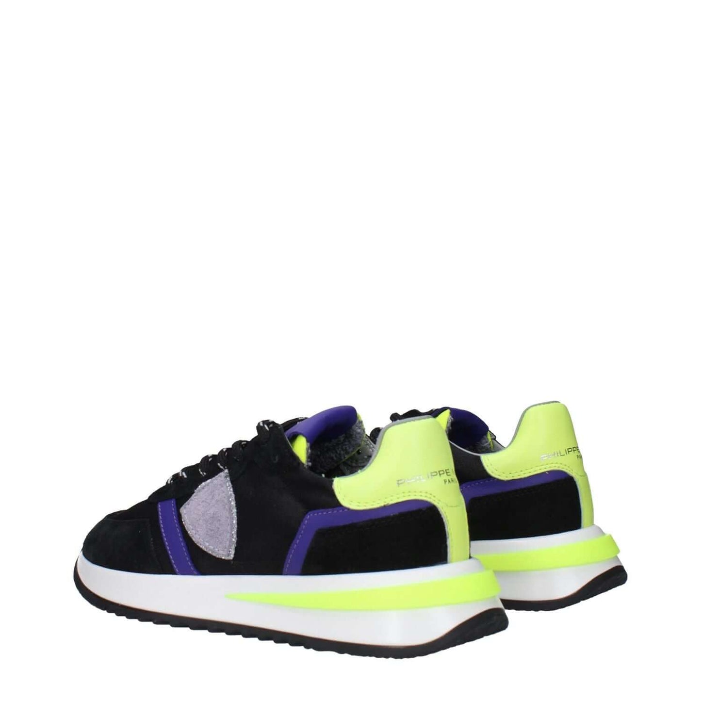 Philippe Model Black Fabric Athletic Sneakers with vintage effect and logos on black fabric, highlighted with neon accents, side view.