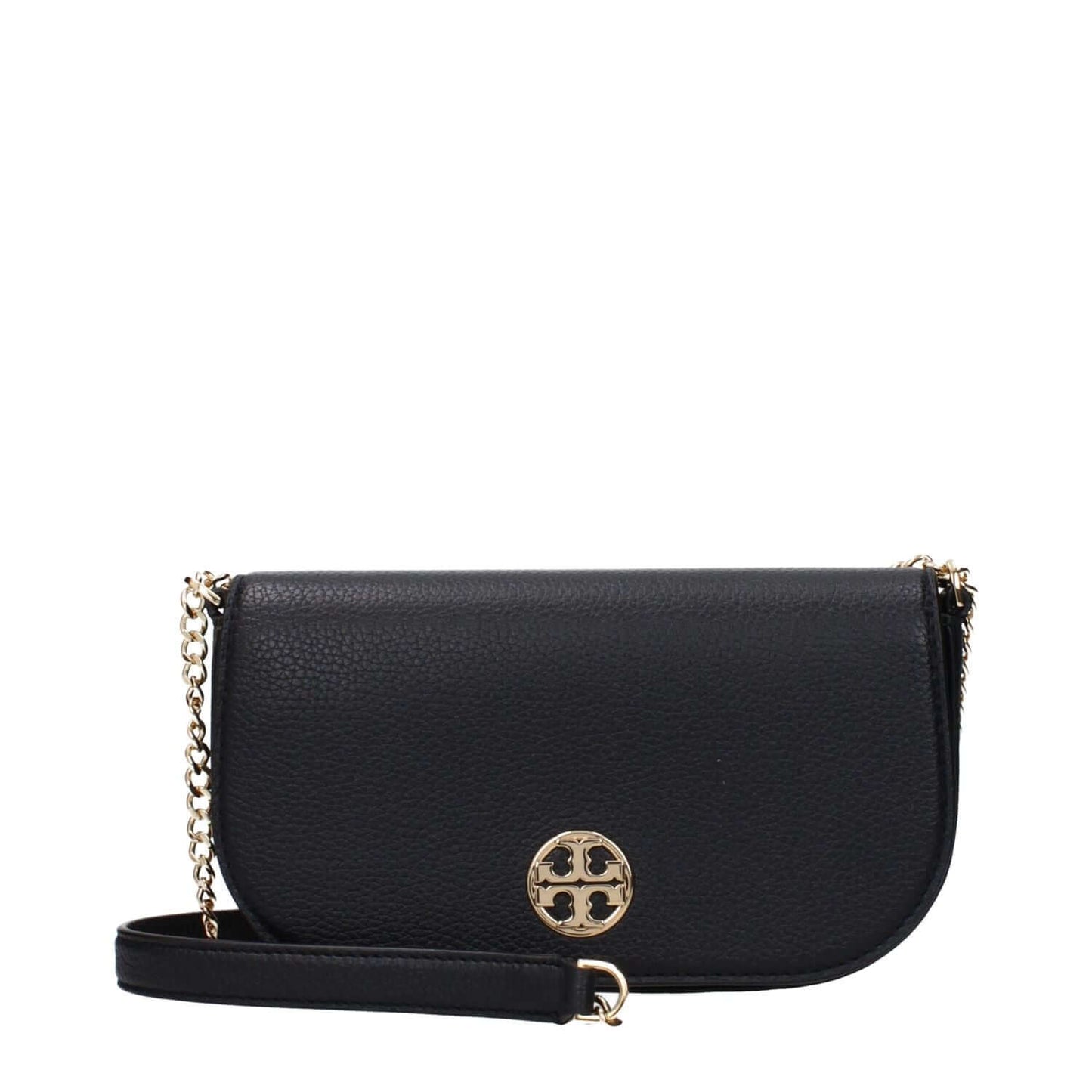 Tory Burch Black Leather Crossbody Bag with gold details, small size, magnetic closure, and 115 cm shoulder strap, casual style.