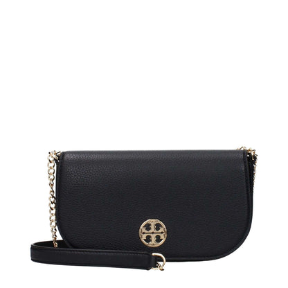 Tory Burch Black Leather Crossbody Bag with gold details, small size, magnetic closure, and 115 cm shoulder strap, casual style.