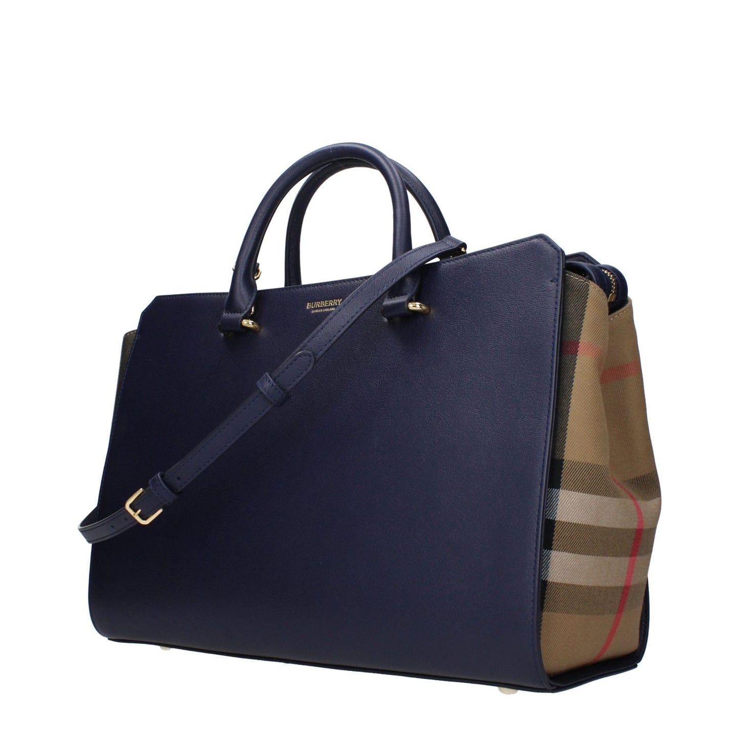 Burberry Blue Leather Handbag with front logo, adjustable and removable shoulder strap, featuring classic Burberry design elements.