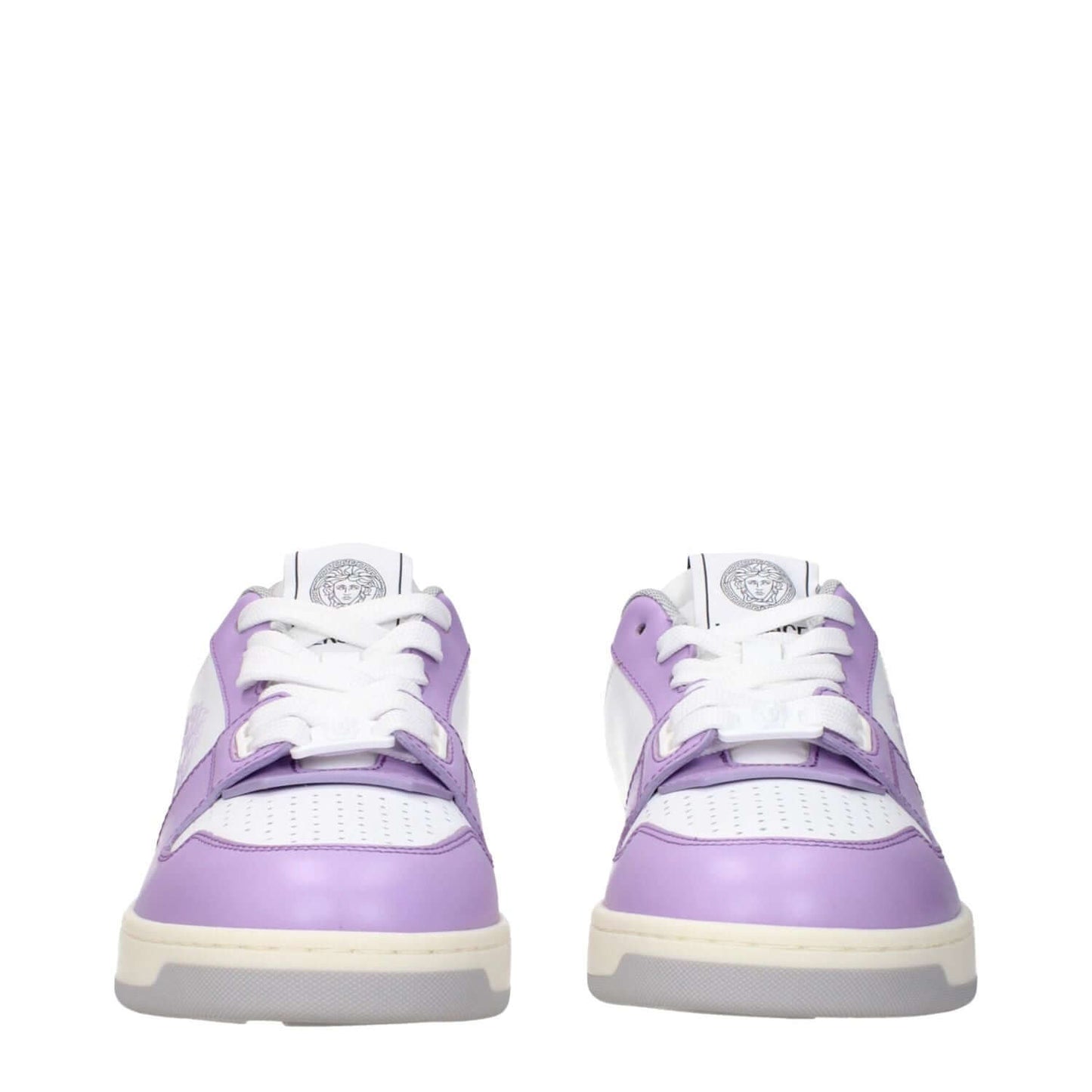 Versace White Leather Low Top Sneakers with lilac accents, featuring front, side, and back logos, round toe, lace-up closure, rubber sole.