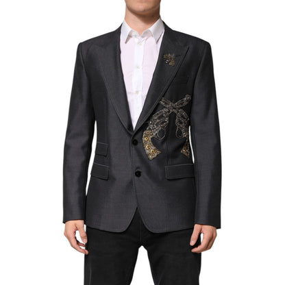 Dolce & Gabbana Dark Gray Bee Embroidery SICILIA Coat Blazer