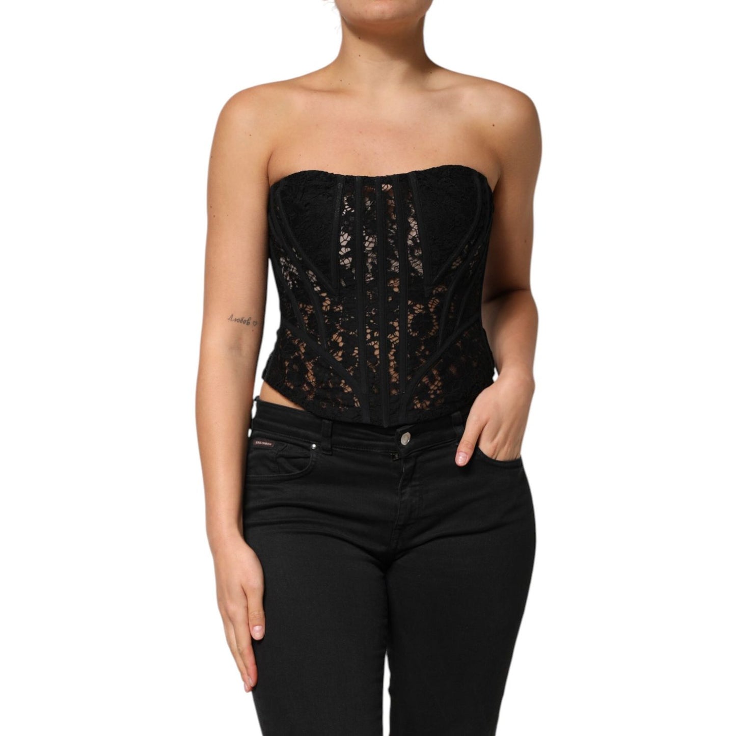 Dolce & Gabbana Black Strapless Floral Lace Bustier Cropped Top