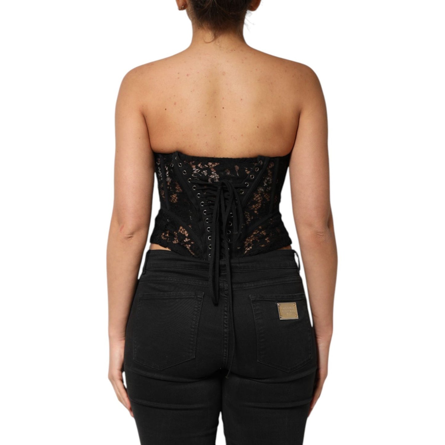Dolce & Gabbana Black Strapless Floral Lace Bustier Cropped Top