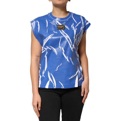Dolce & Gabbana Blue White Cotton Logo Plaque Women Tank Top