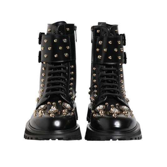 Dolce & Gabbana Black Studded Lace Up Mid Calf Boots Shoes, high craftsmanship calf leather with logo details, made in Italy.