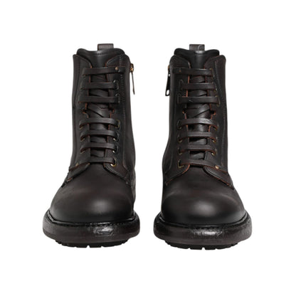 Dolce & Gabbana Dark Brown Leather Lace Up Mid Calf Boots Shoes