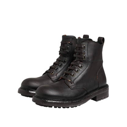 Dolce & Gabbana Dark Brown Leather Lace Up Mid Calf Boots Shoes