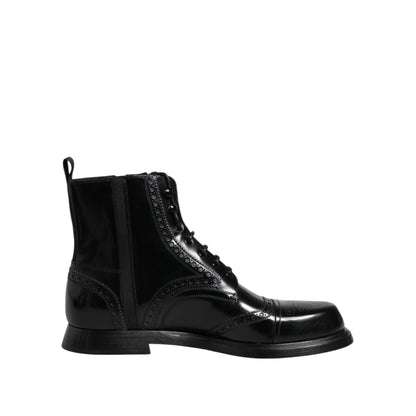 Dolce & Gabbana Black Leather Lace Up Mid Calf Boots Shoes