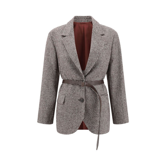 Brunello Cucinelli Brown Wool Blazer with lapel, single-breasted closure, and leather belt