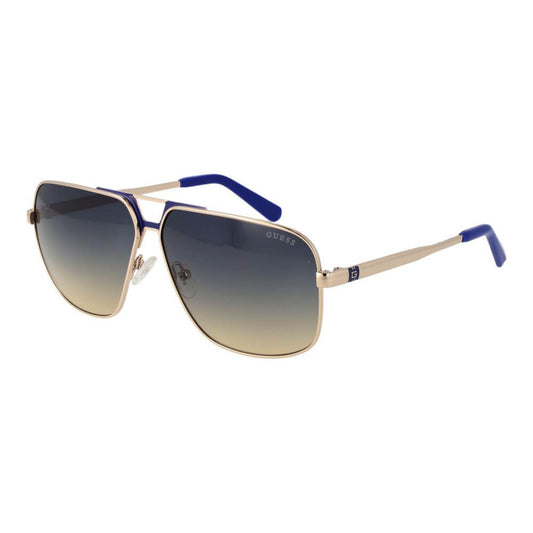 Guess Silver Metal Sunglasses for men with silver full-rim metal frame and gradient blue plastic lenses, featuring aviator style design.