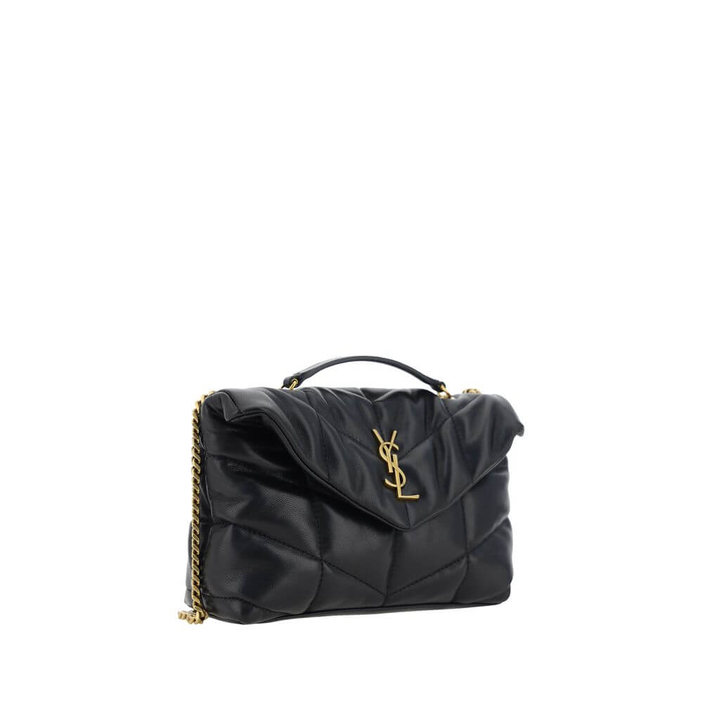 Saint Laurent Black Lamb Ovis Aries Aries Shoulder Bag with quilted design and YSL logo on the front, featuring a padded finish.