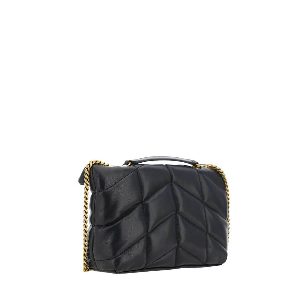 Saint Laurent Black Lamb Ovis Aries Aries Shoulder Bag with chevron quilting and gold chain detail