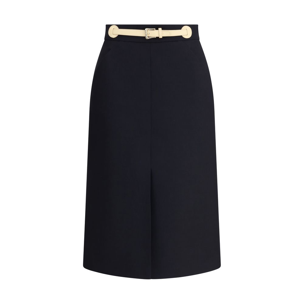 Valentino Black Fleece Wool Midi Skirt with leather belt and front slit, showcasing elegance and functionality.