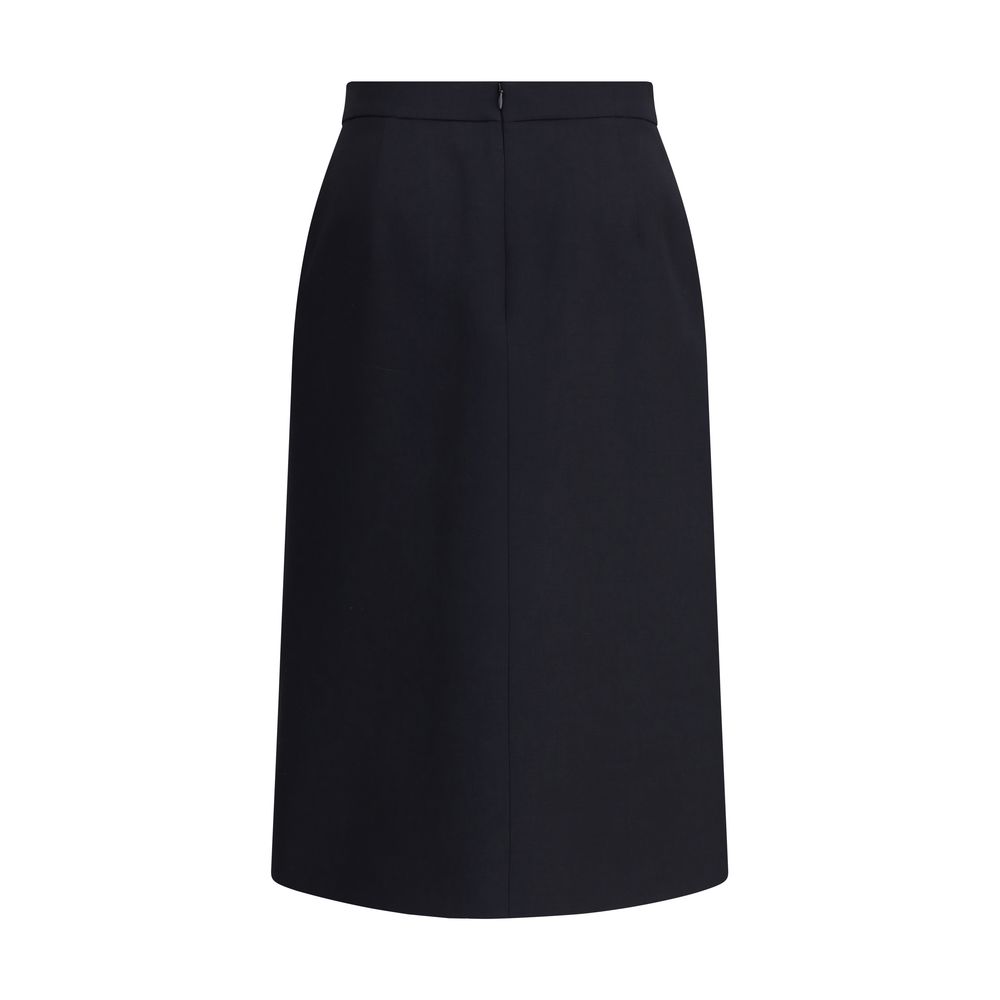 Valentino Black Fleece Wool Midi Skirt with leather belt and front slit for sophisticated style.