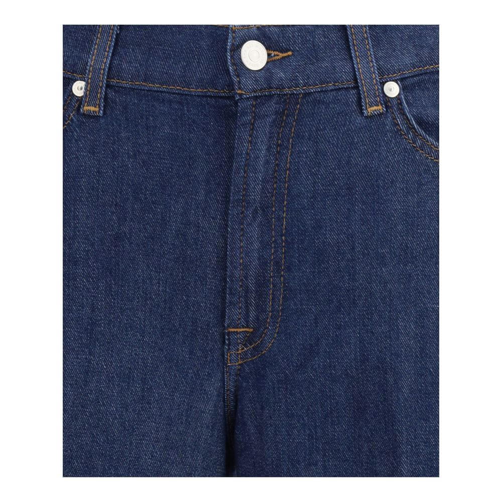 Close-up of 7FOR Blue Cotton Jeans Denim with five-pocket design and zip-front closure.