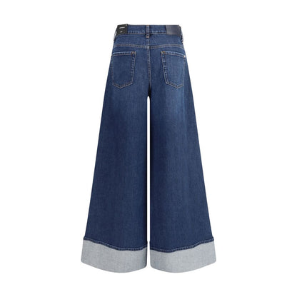 Back view of 7FOR Blue Cotton Jeans Denim featuring wide leg design, turn-up cuffs, and classic style with five-pocket detail.