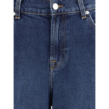 Close-up of 7FOR Blue Cotton Jeans Denim featuring wide leg, five-pocket design, and front zipper with button closure.