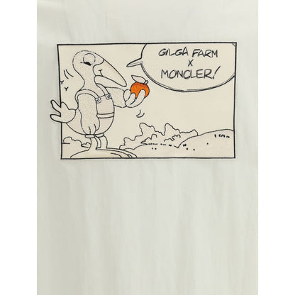 Moncler x Donald Glover White Cotton Coat comic-style patch with Gilga Farm x Moncler design featuring embroidered mascot holding an orange.