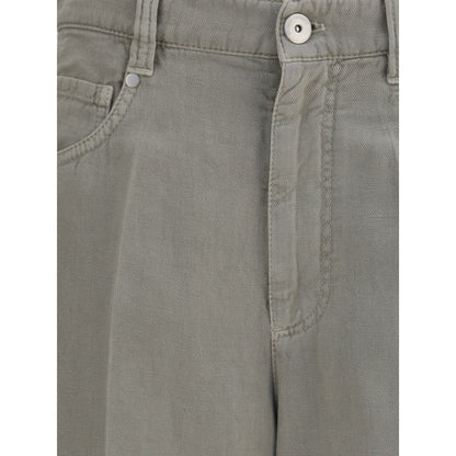 Close-up of Brunello Cucinelli Bicolor Cotton Relaxed Fit Jeans with front zipper and button closure.
