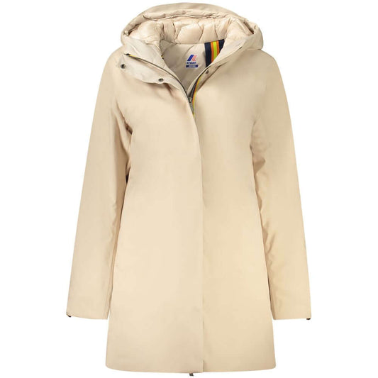 K-WAY Beige Polyester Jackets & Coat, long sleeve trench with hood, padded, featuring multiple pockets, zip and buttons, logo visible.