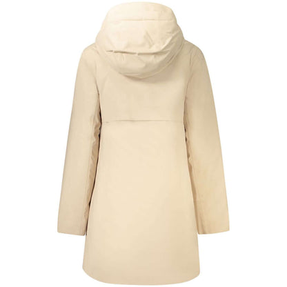 Back view of K-WAY Beige Polyester Jackets & Coat with hood and long sleeves.