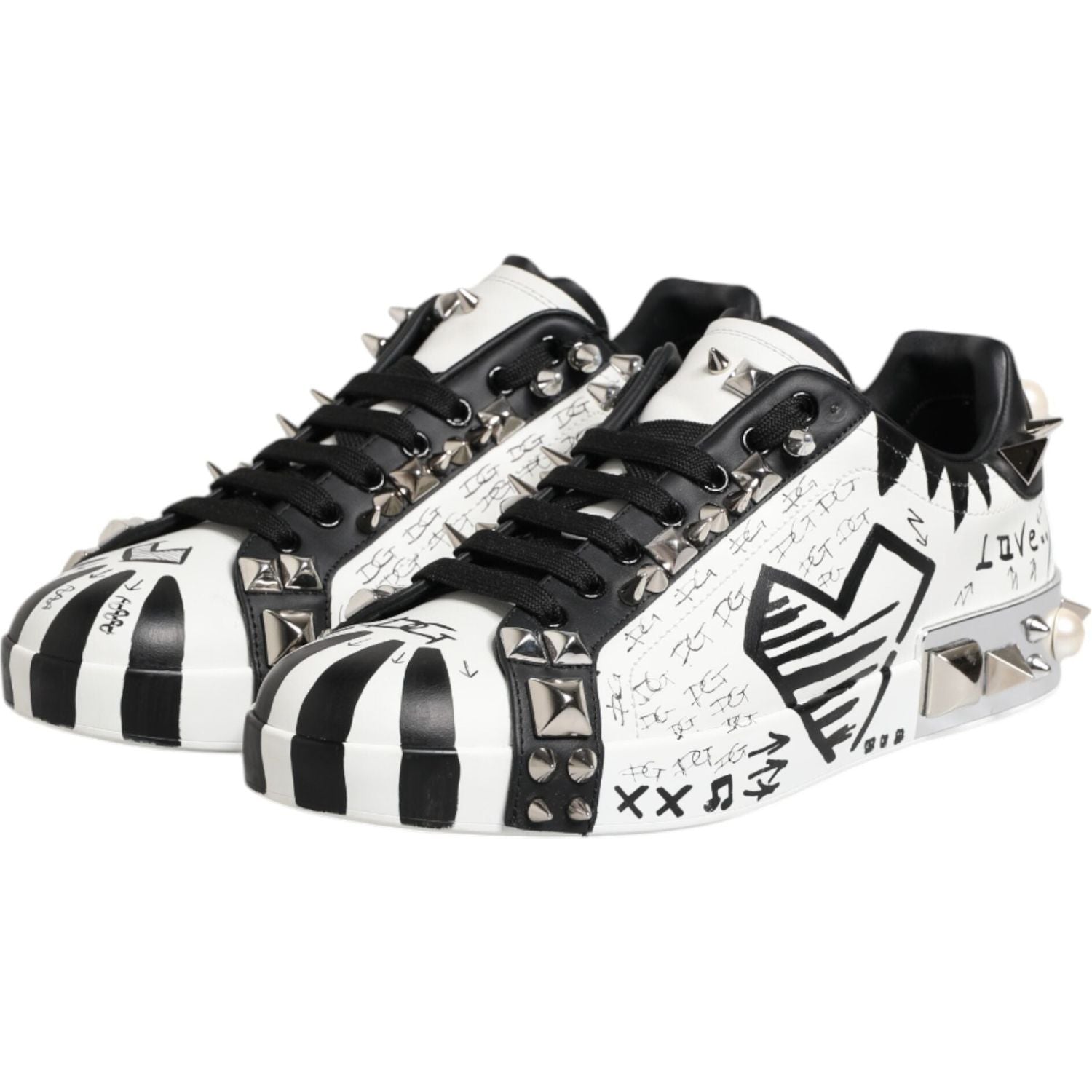 Dolce & Gabbana Black White Studded Low Top Sneakers Shoes