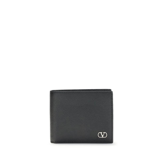 Valentino Garavani Black Calf Leather Bos Taurus Wallet with VLogo plaque, eight card slots, AW25 season, elegant bifold design.