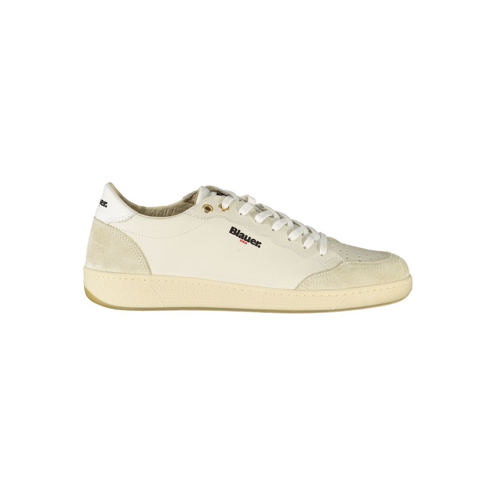 Blauer White Leather Men Sneaker with logo, premium quality lace-up sports shoe.